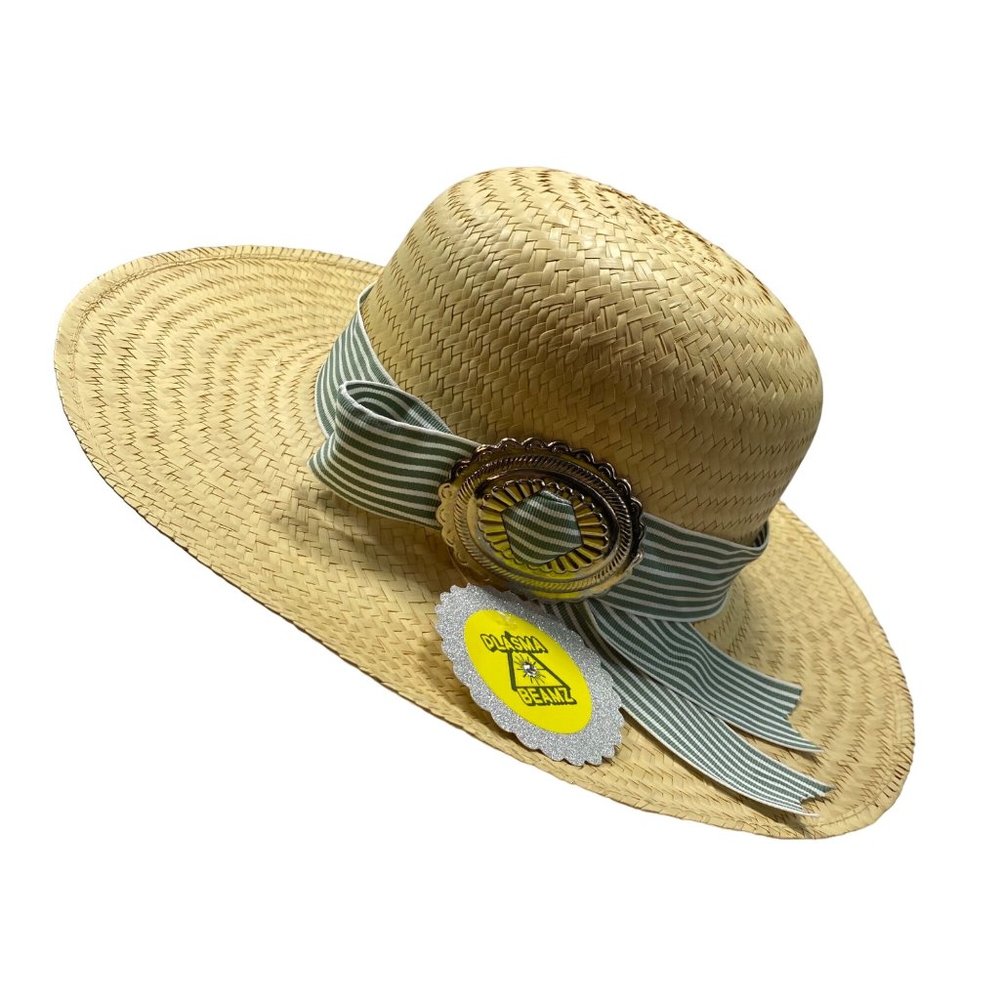 Handmade Straw Panama Hat with Green Stripe Grosgrain Ribbon Detail - Picture 11 of 11